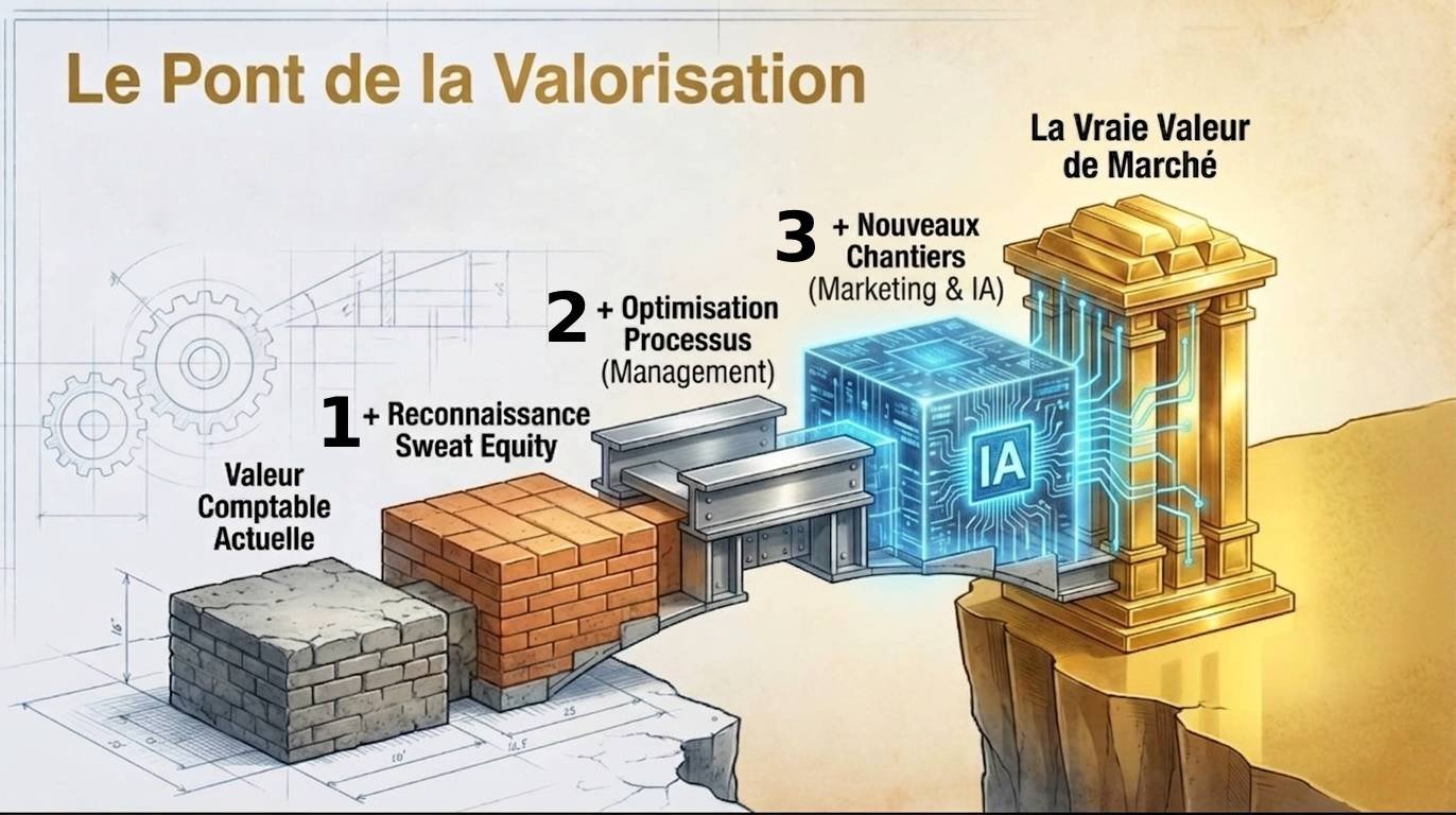 Illustration du Pont de la Valorisation : de la valeur comptable actuelle à la vraie valeur de marché, en passant par les 3 piliers Sweat Equity, Management et Nouveaux chantiers